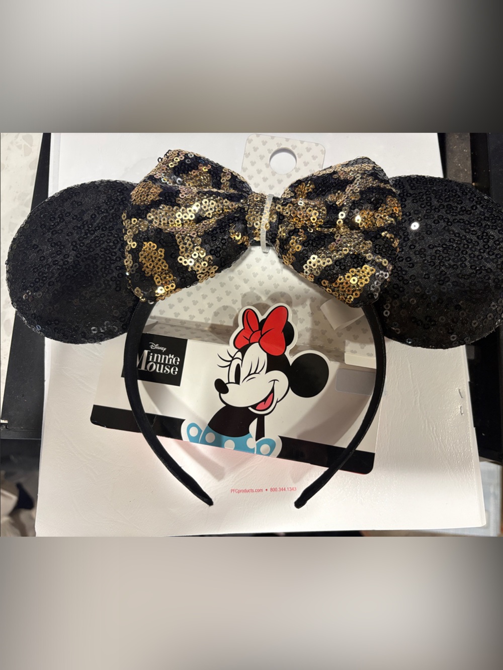 Disney Black Sequin Minnie Ear Headband with Gold Leopard Bow